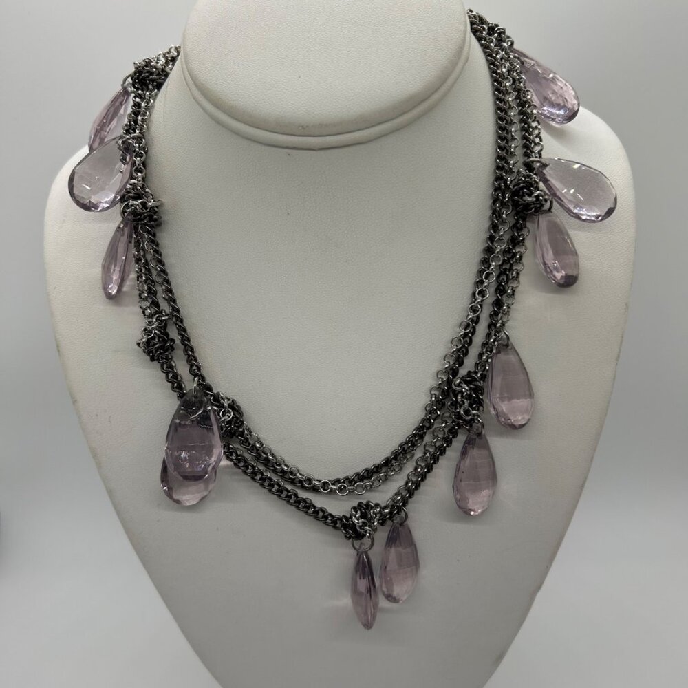Loft Double Strand Necklace Purple Faceted Teardrop Silver-Tone Chain Vintage - Picture 11 of 15